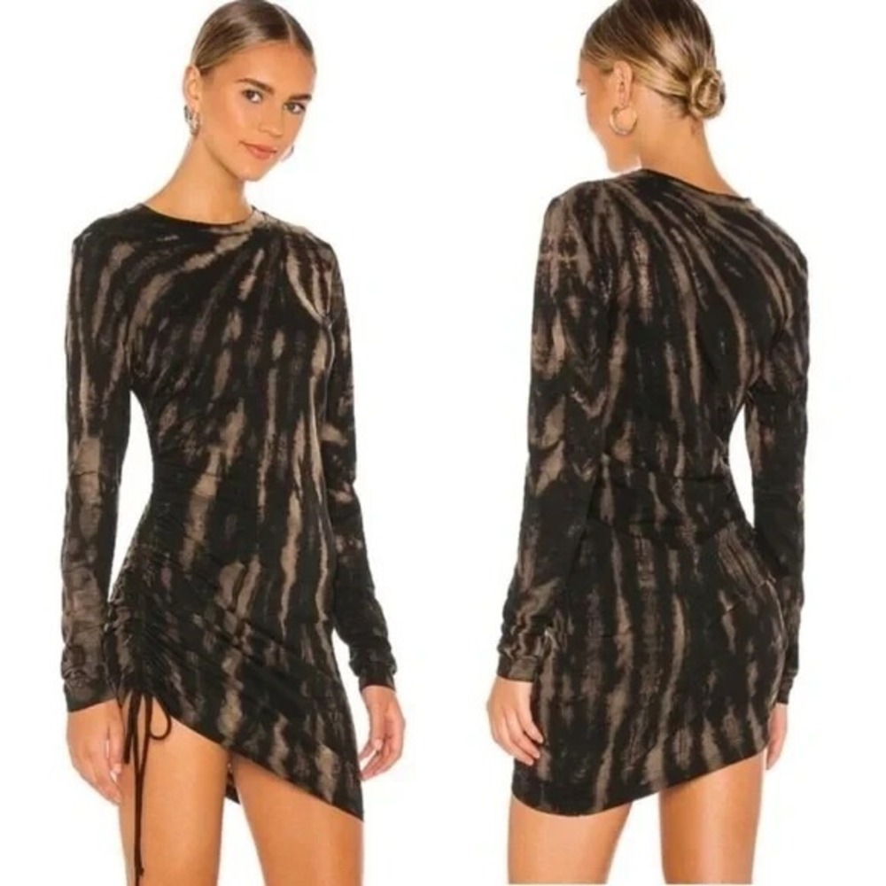 Pam & Gela Revolve Tie Dye Twisted Mini Dress Black Grey Cinch Long Sleeve Small